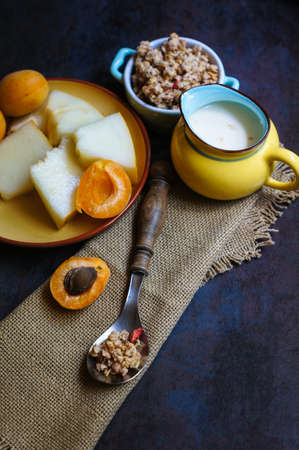 Healthy Breakfast.Oat flake, berries and fresh milk. Health and diet conceptの写真素材
