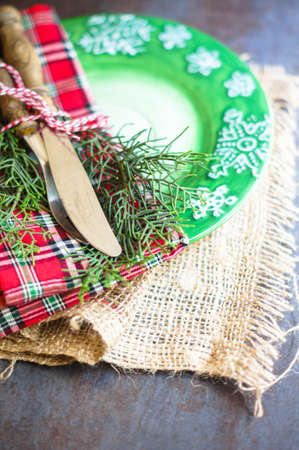 Vintage or rustic christmas table setting. Selective focus