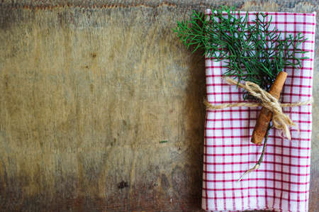 Vintage or rustic christmas table setting. Selective focusの写真素材