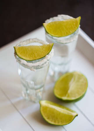 Tequila shot with lime . Selective focusの写真素材