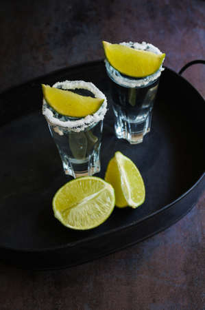 Tequila shot with lime . Selective focusの写真素材