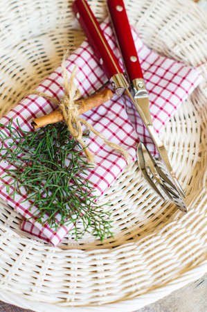 Vintage or rustic christmas table setting. Selective focusの写真素材