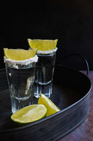 Tequila shot with lime . Selective focusの写真素材