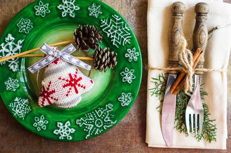 Vintage or rustic christmas table setting. Selective focusの写真素材