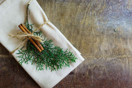 Vintage or rustic christmas table setting. Selective focusの写真素材
