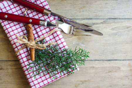 Vintage or rustic christmas table setting. Selective focusの写真素材