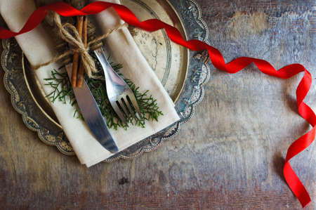 Vintage or rustic christmas table setting. Selective focusの写真素材