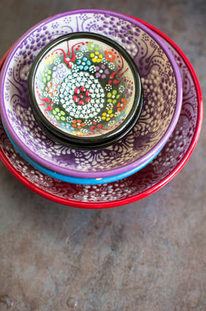 Different colors vintage eastern plates on the dark backgroundの写真素材