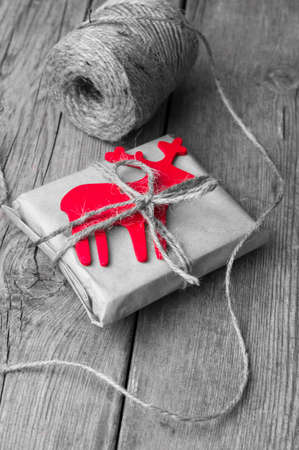 Christmas presents in rustic style with holiday decorations, selective focusの写真素材