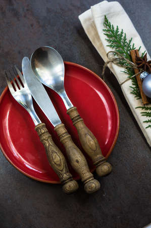 Vintage or rustic christmas table setting. Selective focus