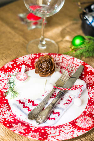 Vintage or rustic christmas table setting. Selective focusの写真素材