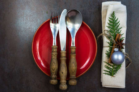 Vintage or rustic christmas table setting. Selective focus