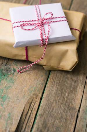 Christmas presents in rustic style with holiday decorations, selective focusの写真素材