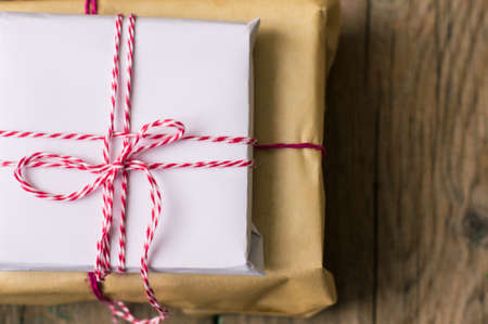 Christmas presents in rustic style with holiday decorations, selective focusの写真素材