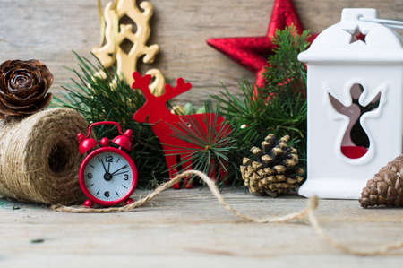 Christmas decorations on the old rustic wooden backgroundの写真素材