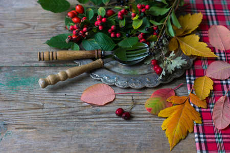 Rustic autumnal table setting with yellow leaves and berriesの写真素材