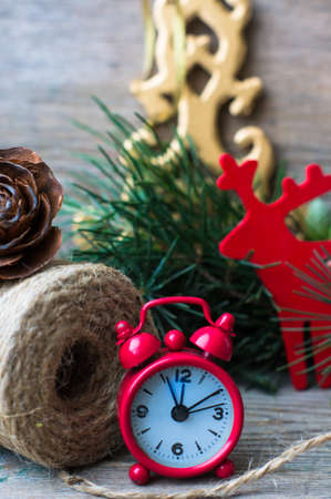 Christmas decorations on the old rustic wooden backgroundの写真素材