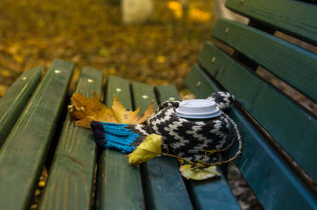 Cup of coffee with knitted scarf and yellow autumnal leaveas on the park benchの写真素材