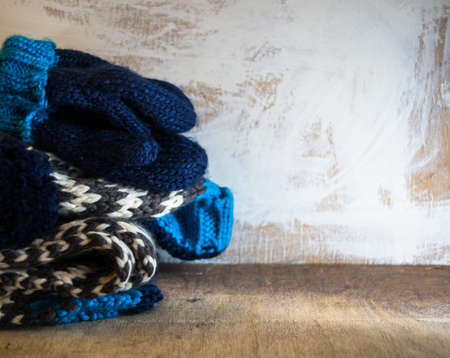 Knitted children wear for winter, black, white and blue colorsの写真素材