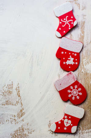 Decorations for Christmas time interior on the old white wooden tableの写真素材