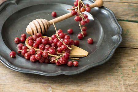 Ripe gojy berries on the bush branch on vintage plateの写真素材