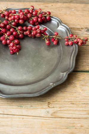 Ripe gojy berries on the bush branch on vintage plateの写真素材