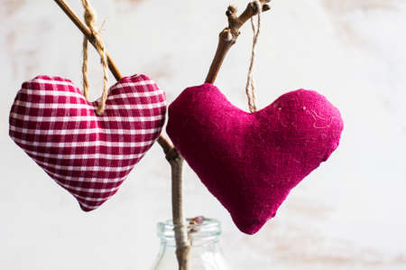 Bright color herts on the tree branch in a jar on rustic background for St. Valentines day...