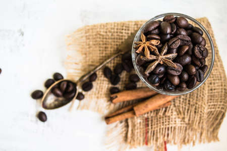 Coffee beans on rustic backgroundの写真素材