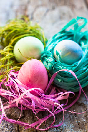 Easter eggs in a nest on rustic background