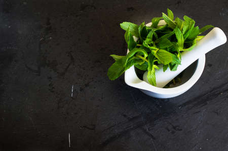 mortar with fresh mint on rustic backgroundの写真素材