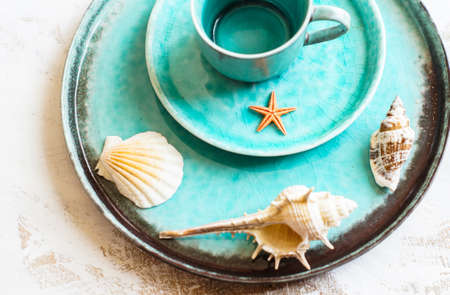Summer table setting on marine theme. Selective focus