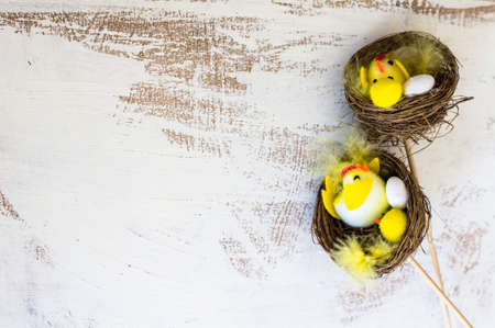 Decoration for Easter nests with eggs on white wooden rustic board