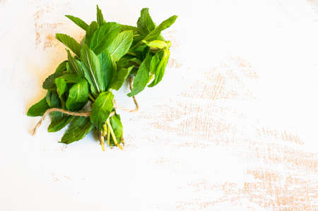 Fresh mint with rope on rustic backgroundの写真素材