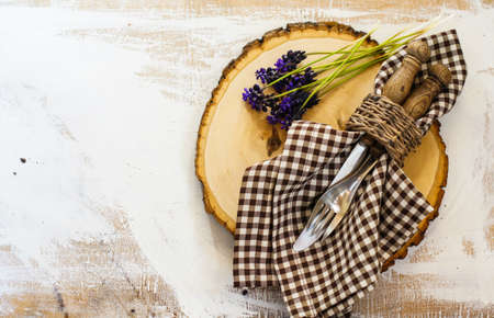 Elegant spring table setting with delicate  muscari flowers. Selective focusの写真素材