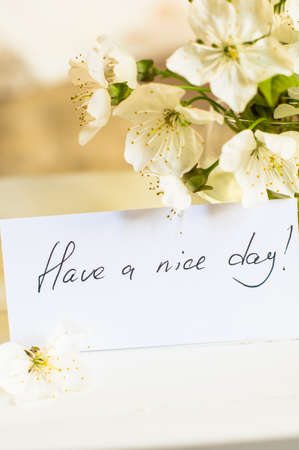 Spring time cherry blossom and Have a nice day note on the rustic table