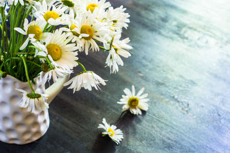 White wild daisy flowers in a vase on the old table, rustic interiorの写真素材