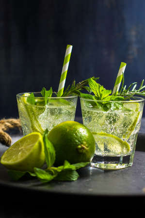 Summer drink with ice, mint, rosemary and lime on rustic tableの写真素材