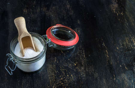 Natural cooking sea salt on the wooden rustic tableの写真素材