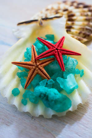 Spa concept with sea stars, sea salt and towels on rustic background