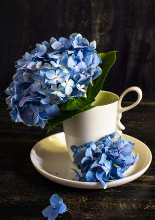 Vintage style table setting with fresh blue hydrangea flowers on rustic wooden tableの写真素材