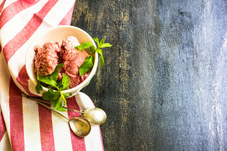 Fruit ice cream with fresh mint on rustic tableの写真素材