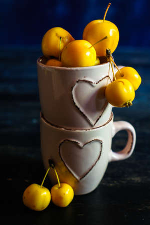 Autumnal concept with crab apples on rustic backgroundの写真素材