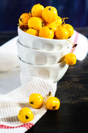 Autumnal concept with crab apples on rustic backgroundの写真素材