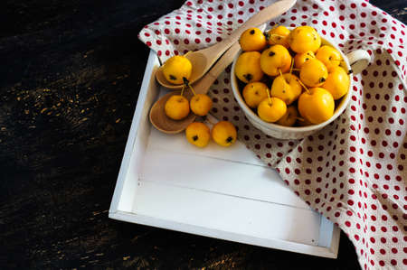 Autumnal concept with crab apples on rustic backgroundの写真素材