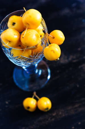 Autumnal concept with crab apples on rustic backgroundの写真素材