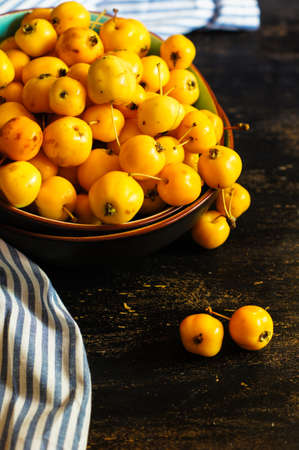 Autumnal concept with crab apples on rustic backgroundの写真素材