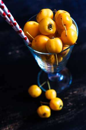 Autumnal concept with crab apples on rustic backgroundの写真素材