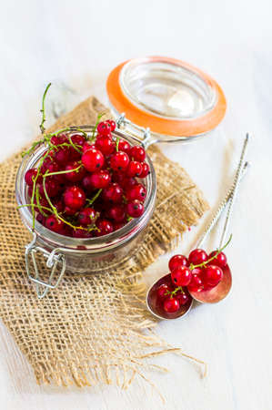 Red organic currant berries on old rustic wooden tableの写真素材