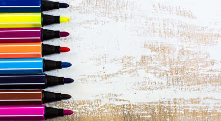 multicolored pensils on the wooden boardの写真素材