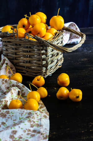 Autumnal concept with crab apples on rustic background